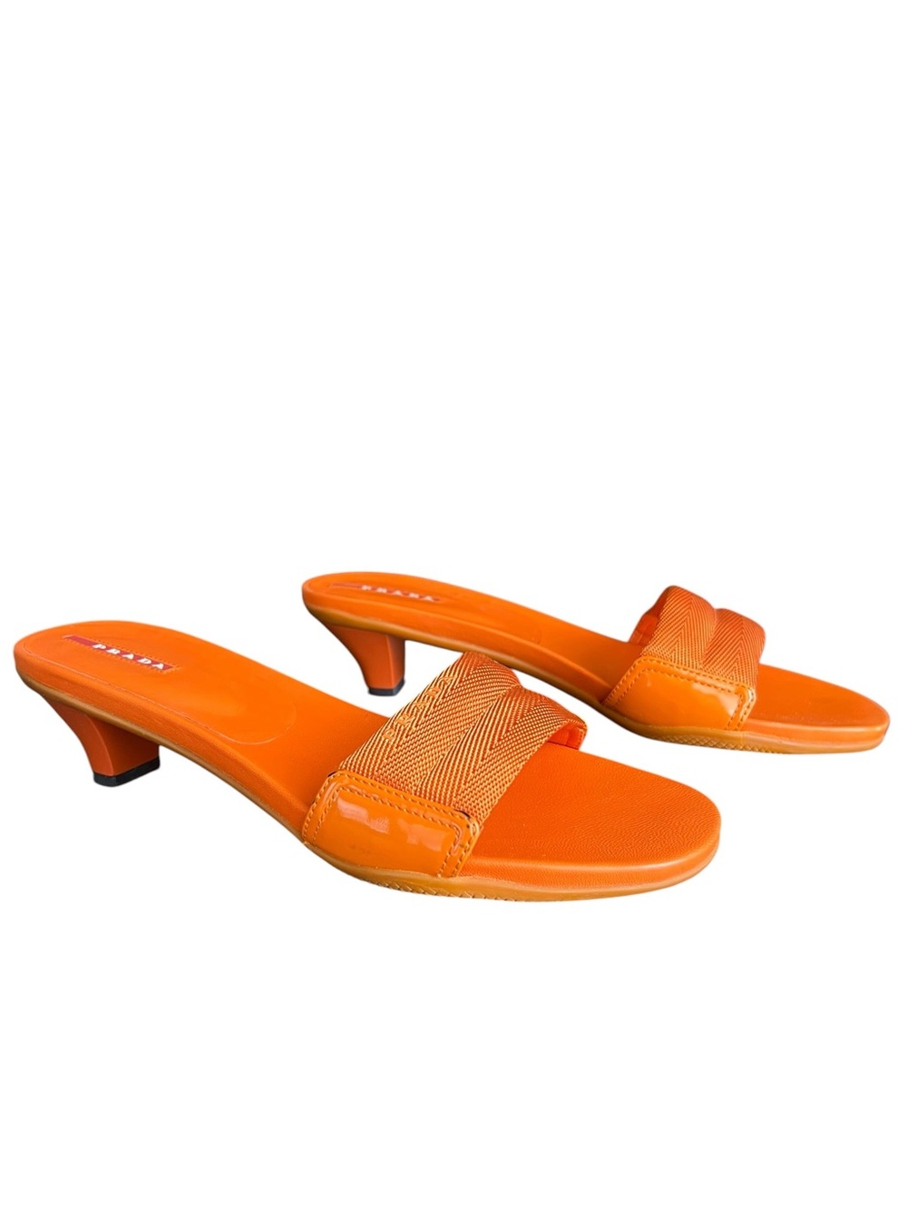 Prada Sport Vintage Women’s Nylon Logo Orange Kitten Heel Sandal Slides Heels 38 - Picture 4 of 13